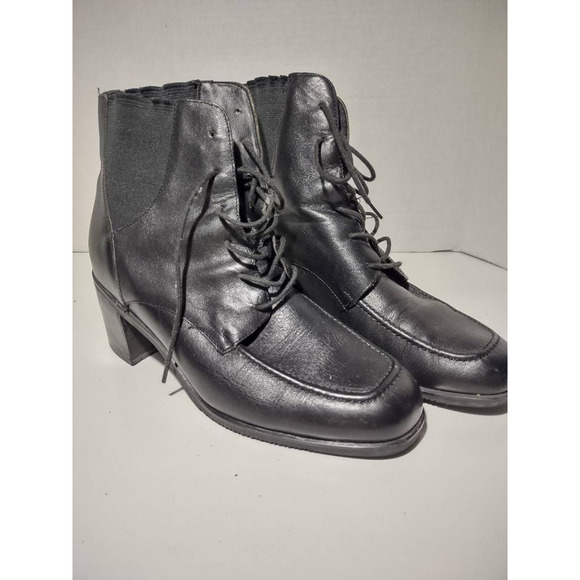 Naturalizer Womens Ankle Boots Black Leather Block Heels Lace Up Apron Toe 8 - Picture 1 of 8
